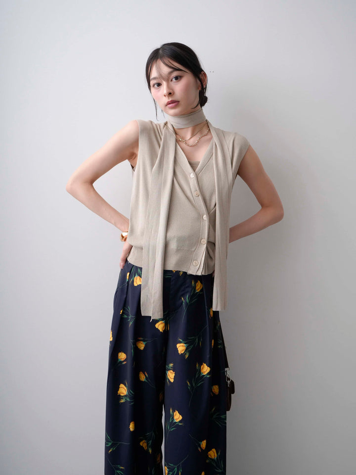 [SET]ネックレイヤードアシメニットベスト+フラワープリントドレープタックパンツ(2set)