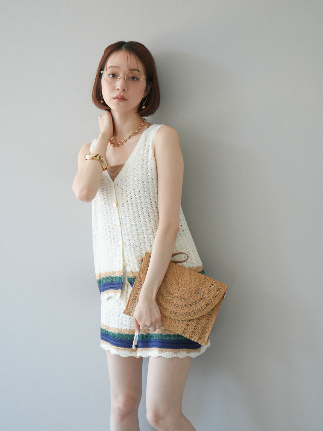 [SET]裾マルチボーダーニットベスト＆ショートパンツ SET UP(2set)