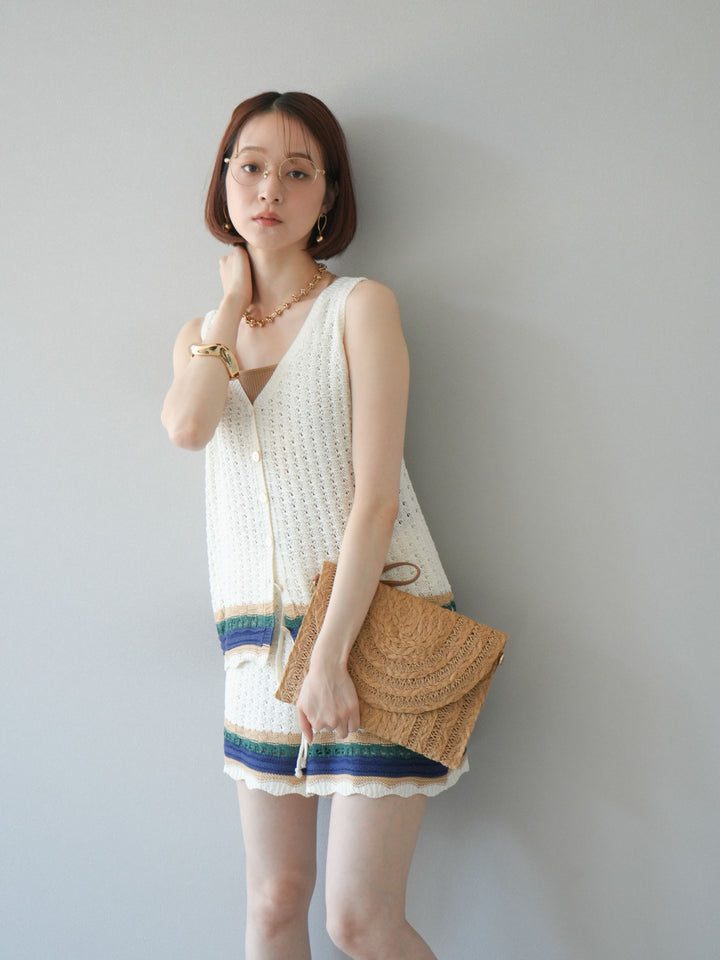 [SET]裾マルチボーダーニットベスト＆ショートパンツ SET UP(2set)