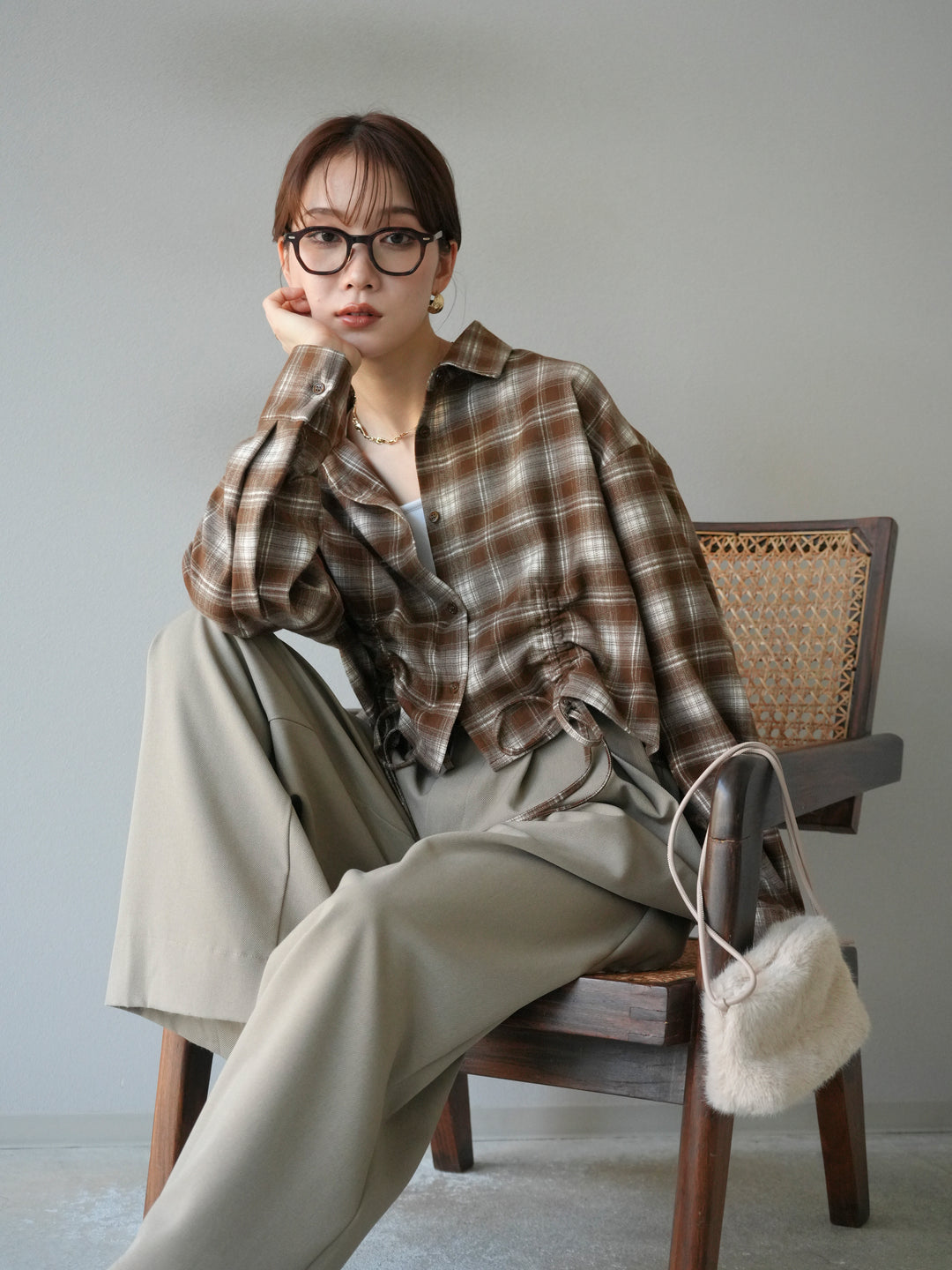 [予約]ドロストクロップネルチェックドシャツ/シナモン