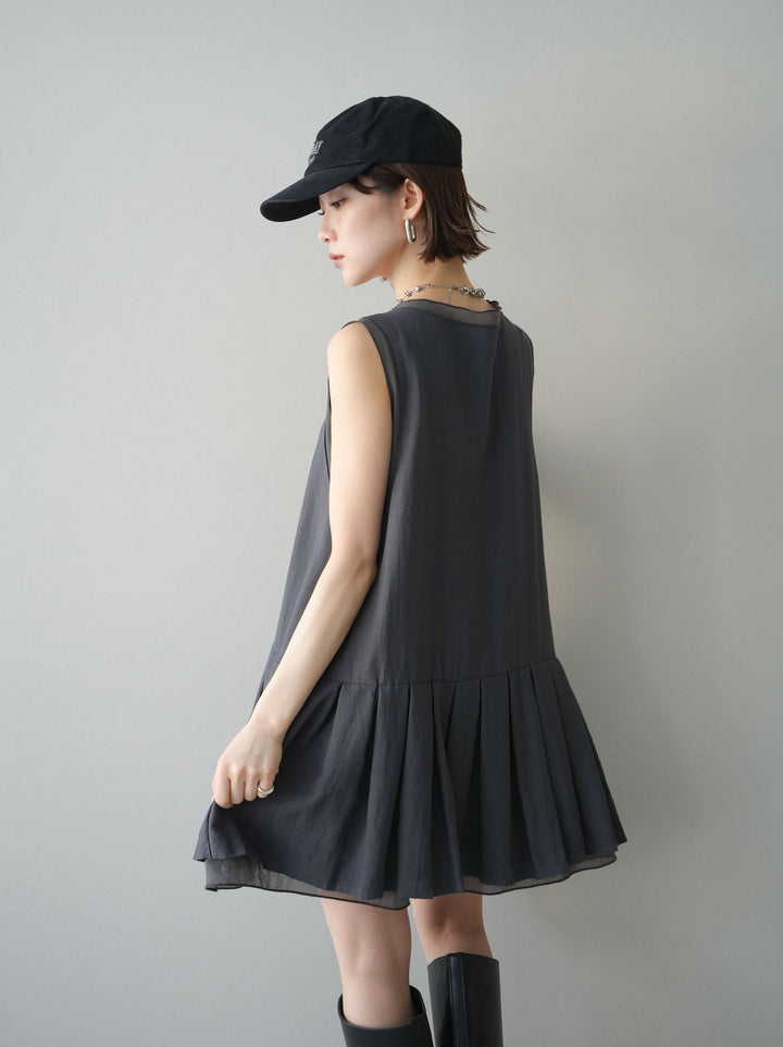 [予約]チュールドッキング裾プリーツミニワンピース/charcoal
