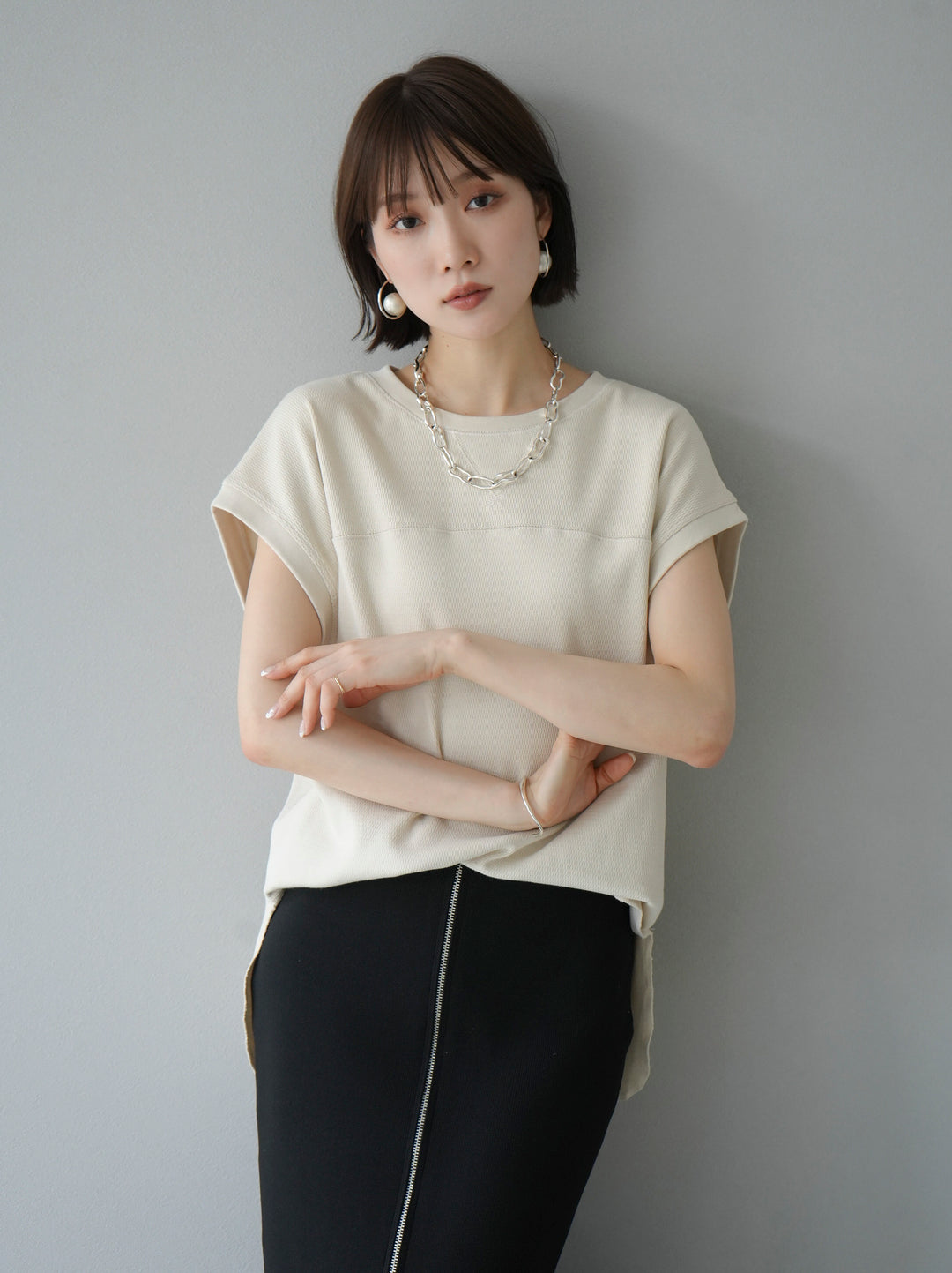 [Pre-order] Honeycomb Stretch French Sleeve Pullover/Ivory