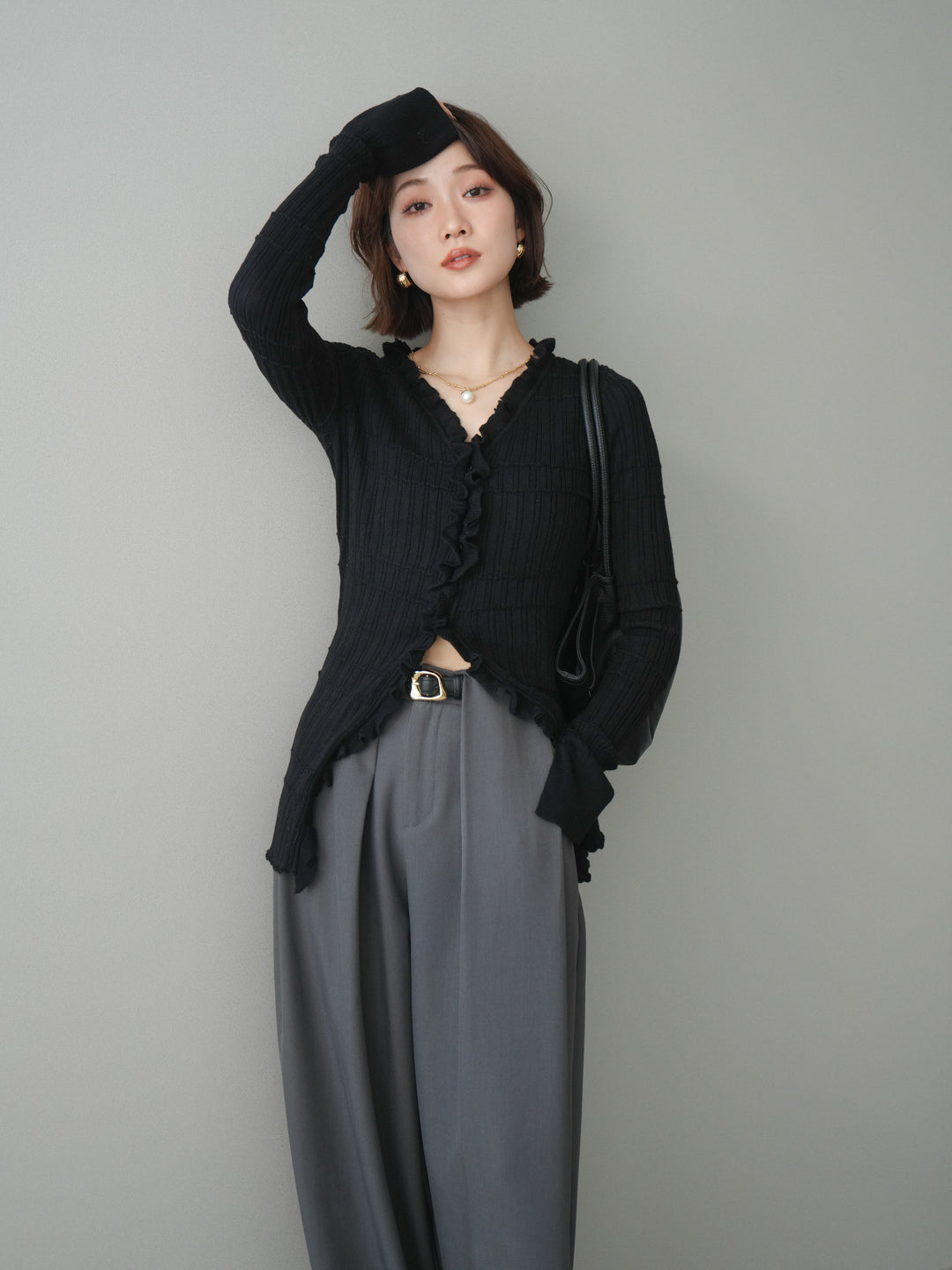 [予約]フロントフリルリブニットカーディガン/black