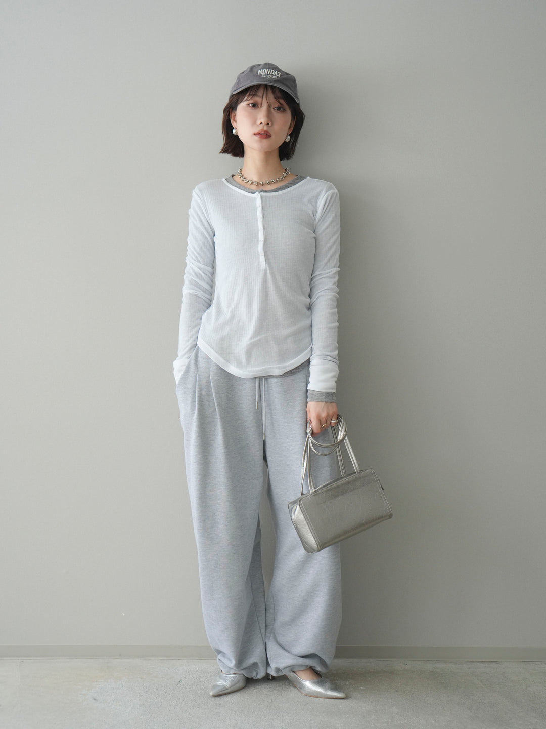 [予約]シアーリブヘンリーネックロンT/white