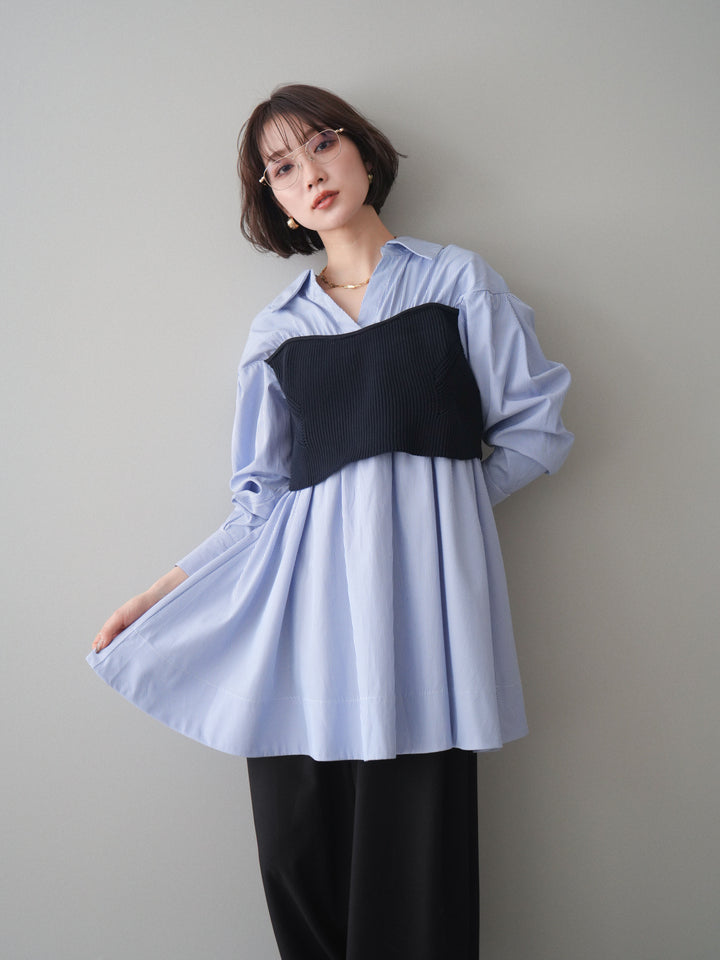 [予約]ニットビスチェドッキングフレアシャツチュニック/stripe