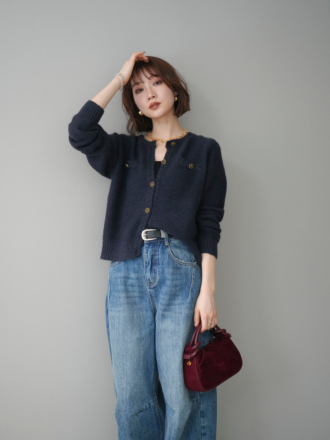 [予約]編みこみアンティークボタンニットカーディガン/navy