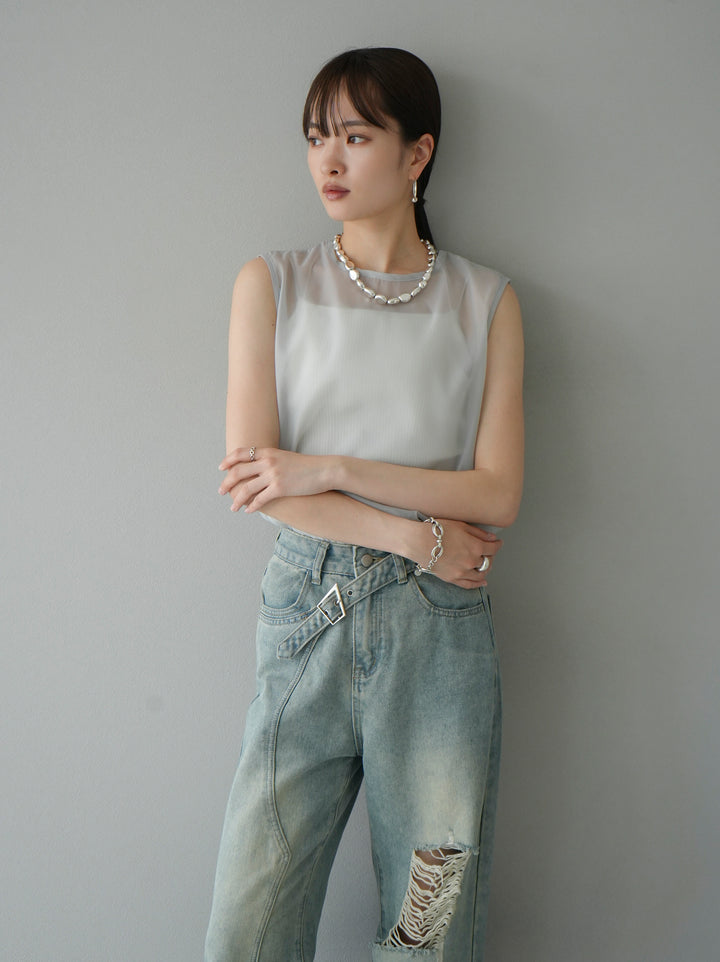 [SET] Organdy sleeveless top + belt asymmetrical damaged denim (2set)