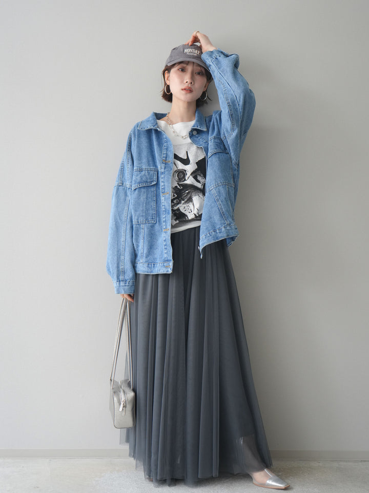 [SET]ルーズシルエットデニムジャケット+チュールボリュームスカート(2set)