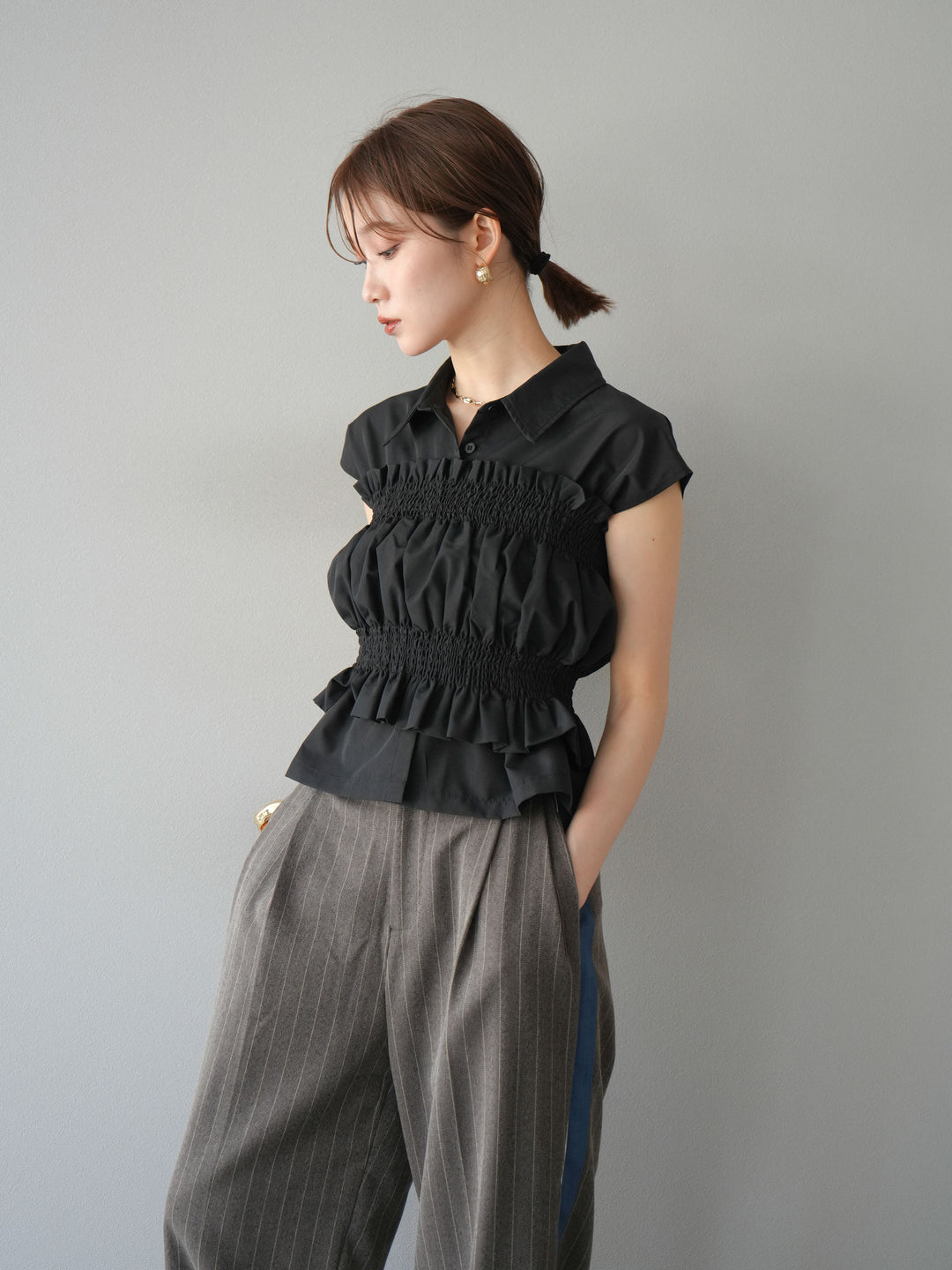 [予約]サイドラインストライプワイドパンツ/ブラウン