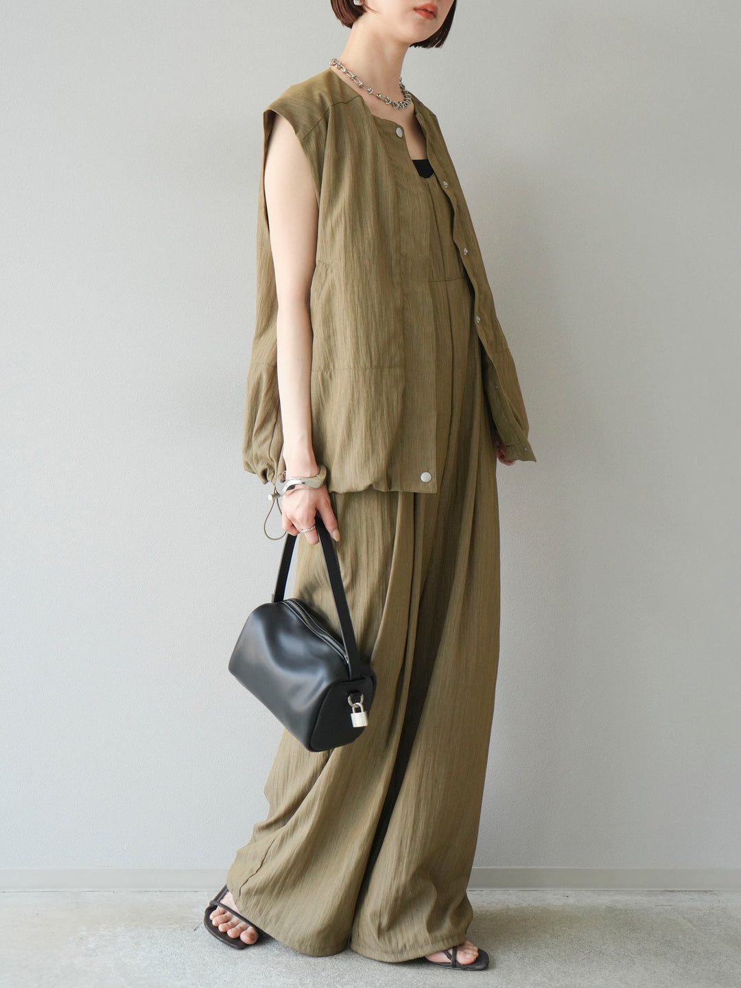 [SET]リネンライクビスチェデザインサロペット+リネンライクドロストバルーンブルゾン(2set)