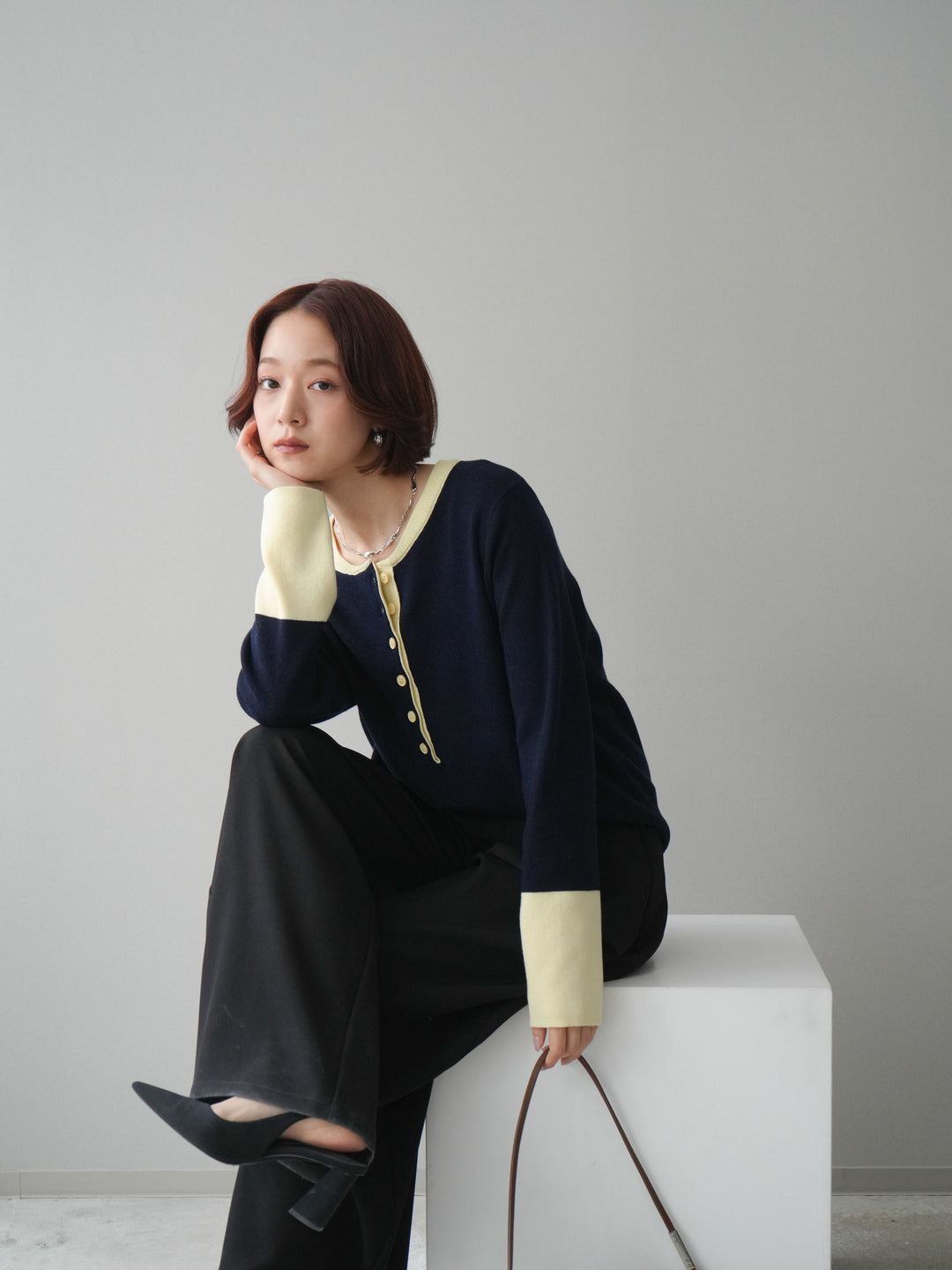 [SET]ヘンリーネック配色ニットソー+ベルトループデザインワイドパンツ(2set)