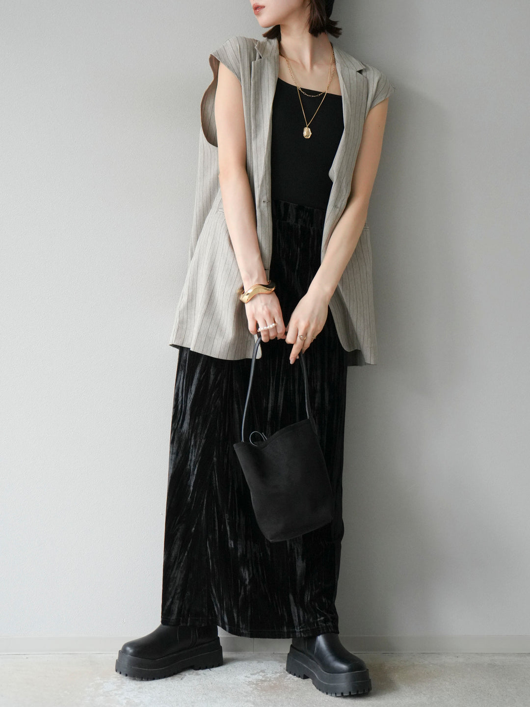 [予約]ヘリンボーンストライプジレ/グレージュ