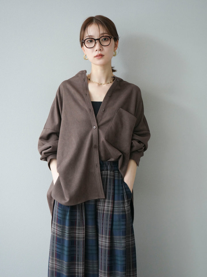 [SET]スエードバンドカラーオーバーシャツ+シアーチェックバギーパンツ(2set)