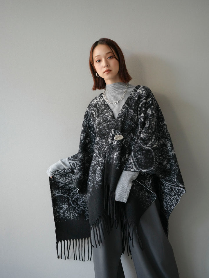[予約]アブストラクト柄ストールポンチョ/ブラック
