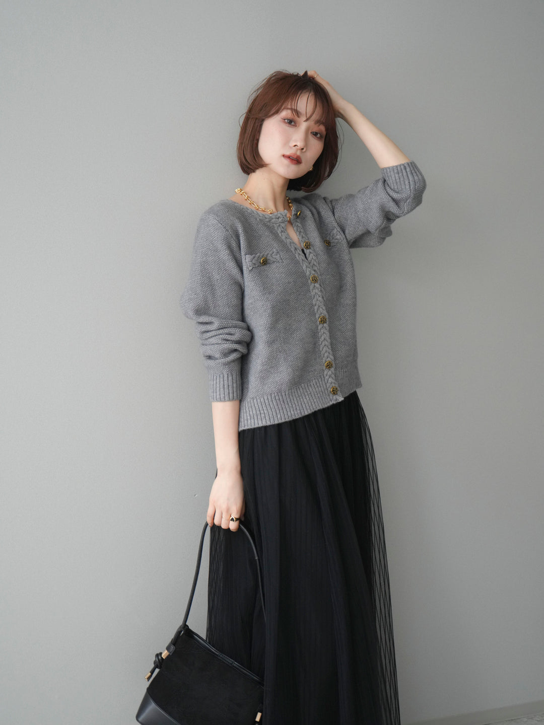 [SET]編みこみアンティークボタンニットカーディガン+チュールストライプボリュームスカート(2set)