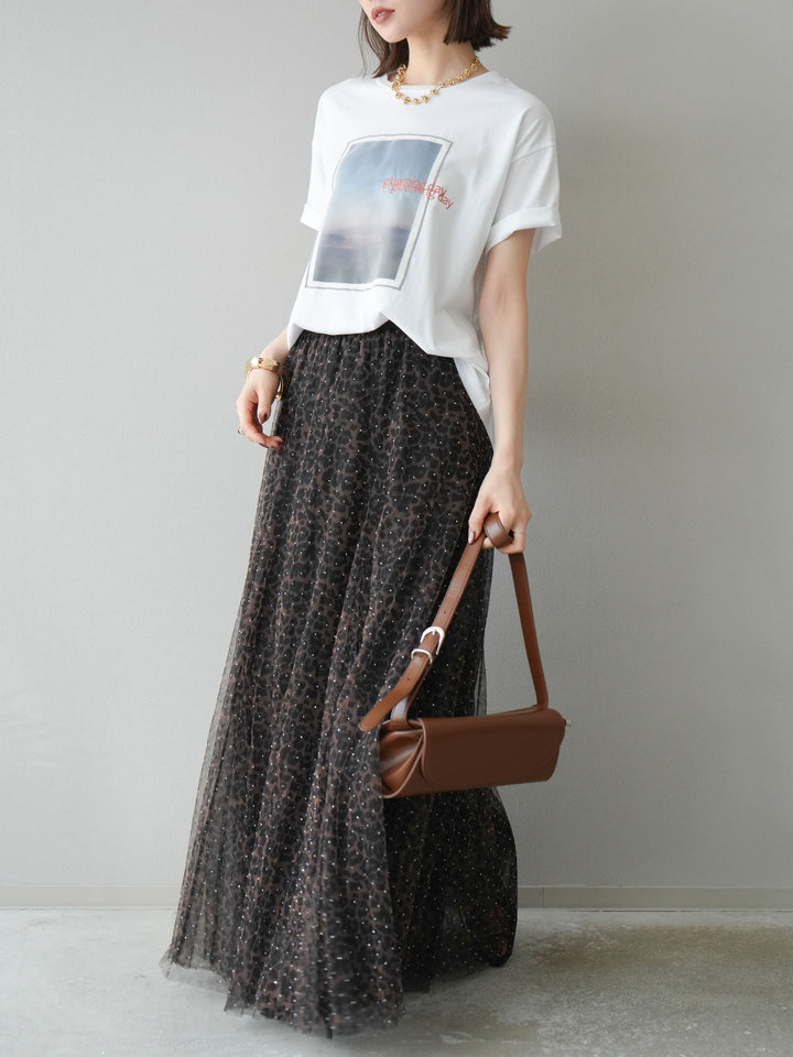 [5] 豹紋薄紗層疊百褶裙/摩卡色