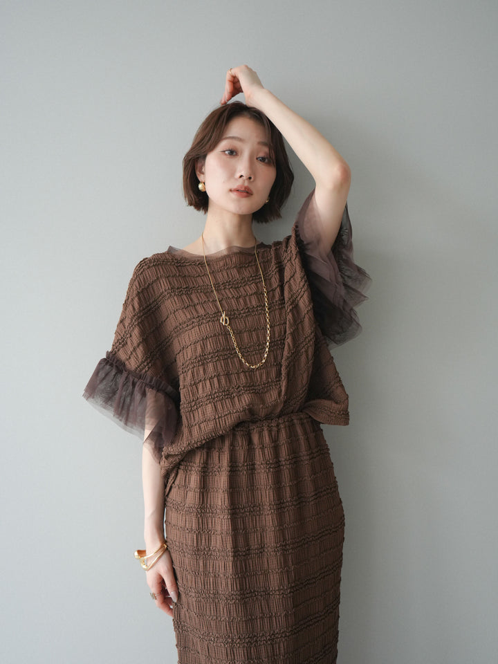 [SET]チュール袖リップルトップス+リップルIラインスカート(2set)