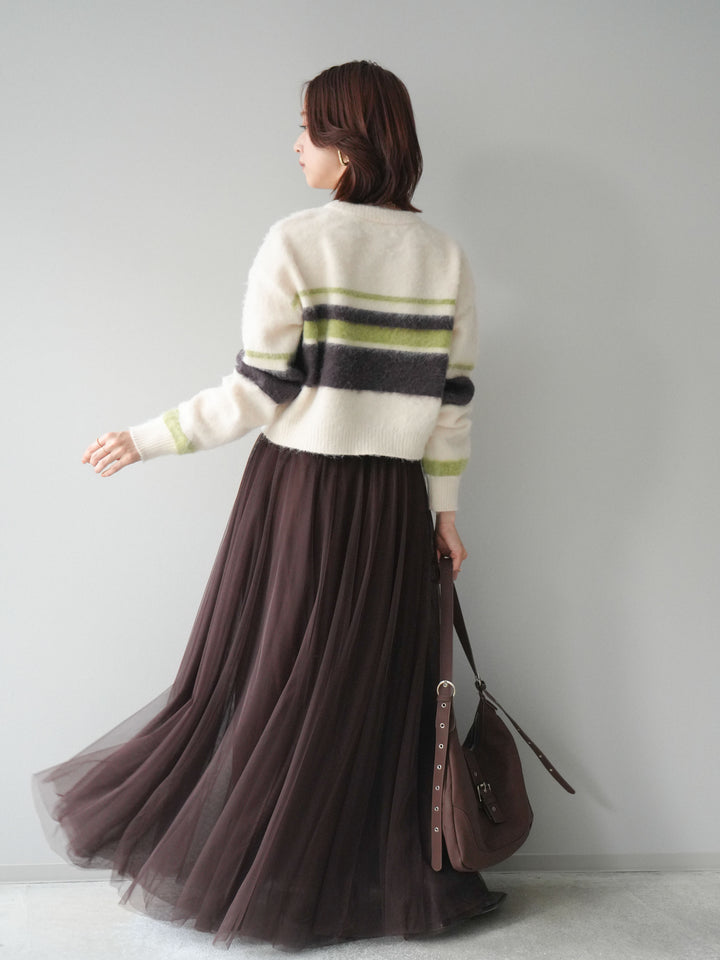 [SET]ソフトタッチボーダークロップドニットプルオーバー+チュールボリュームスカート(2set)