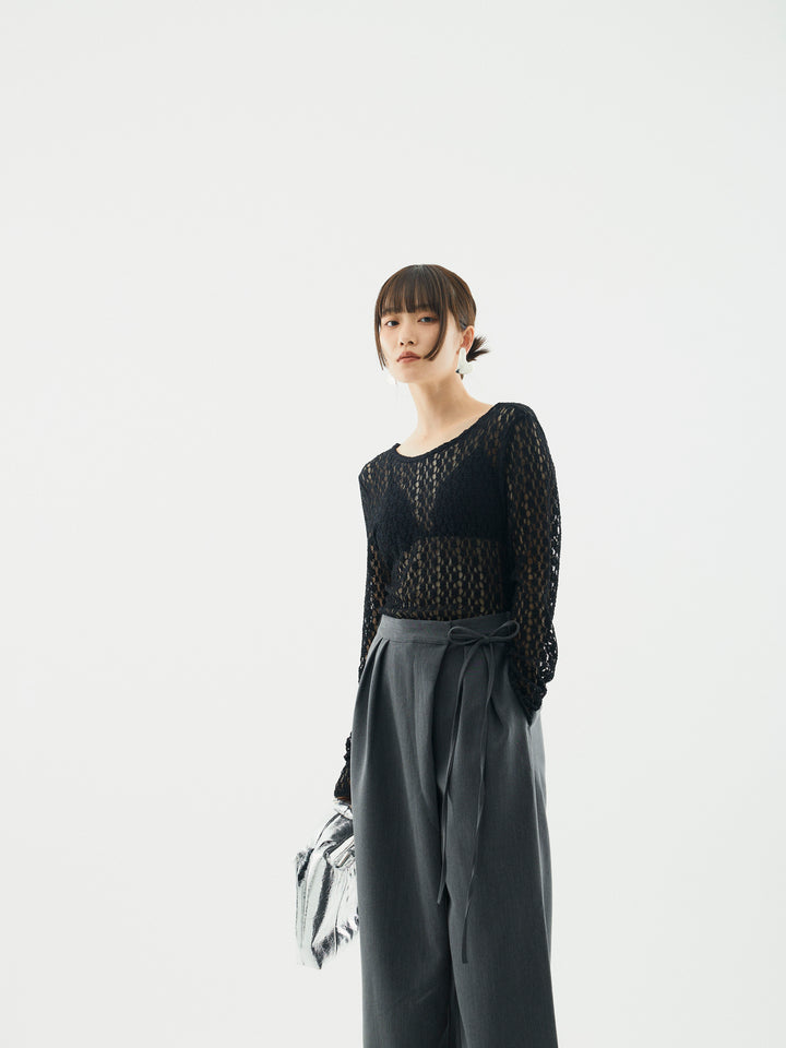 【Allure】[SET]バックラウンドレーストップス+ラップデザインタックワイドパンツ(2set)