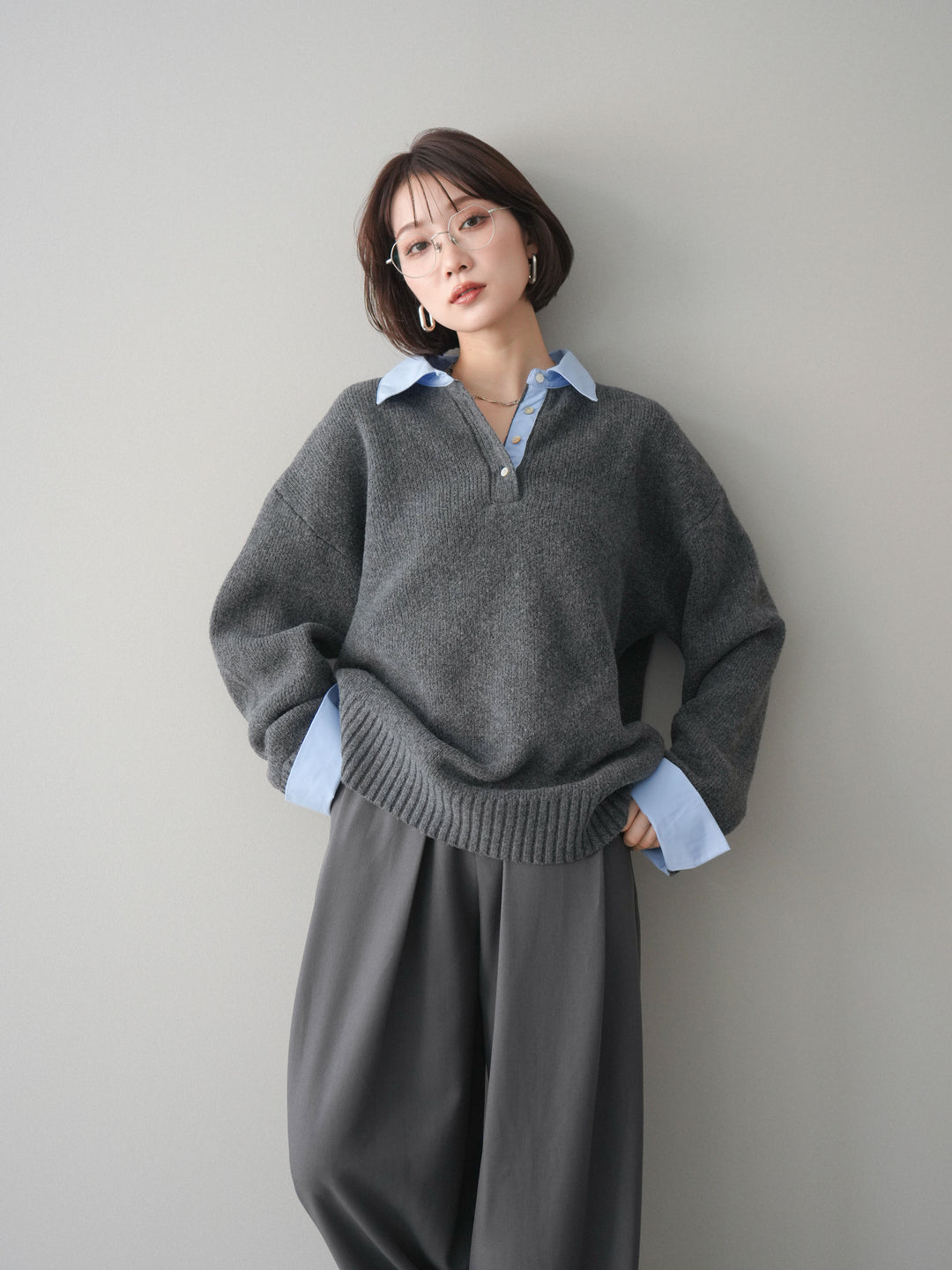 [予約]シャツドッキングオーバーニットプルオーバー/charcoalsax