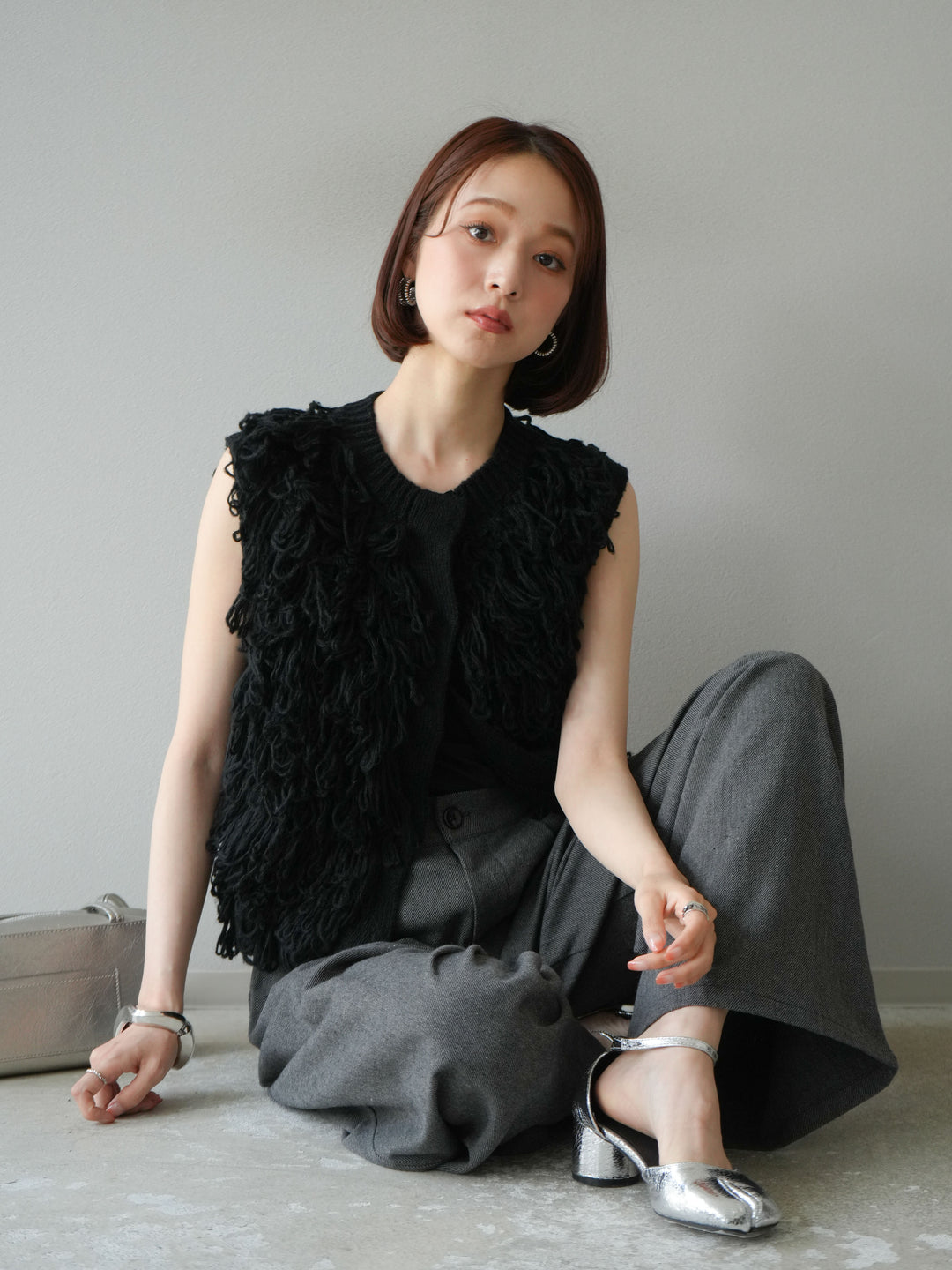 [予約]前開きループニットベスト/ブラック