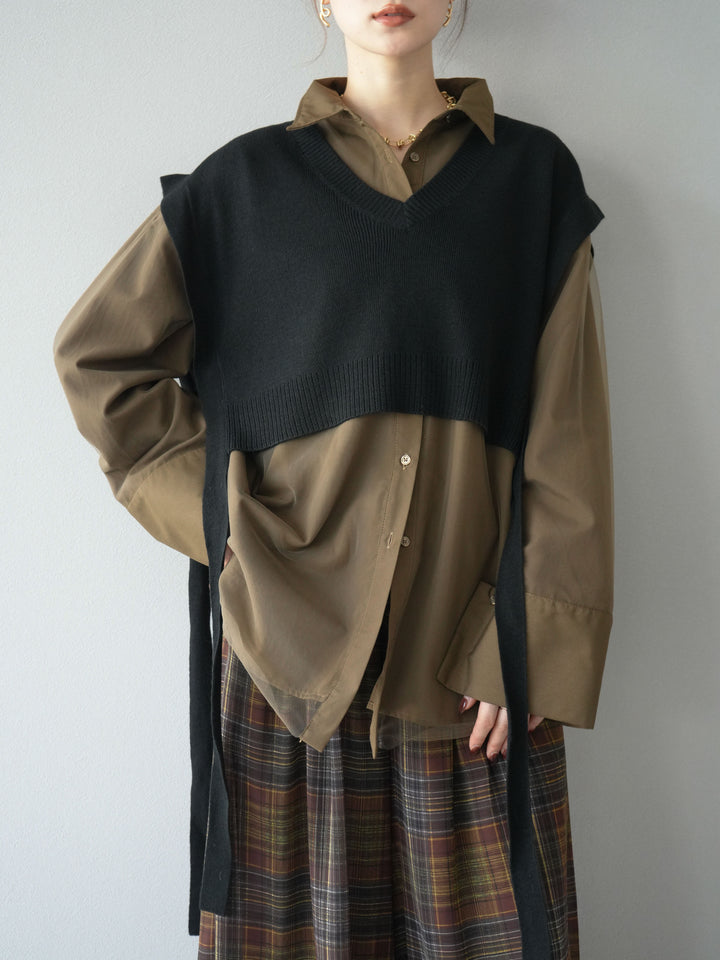 [予約]サイドリボンVネックショートニットベスト/ブラック