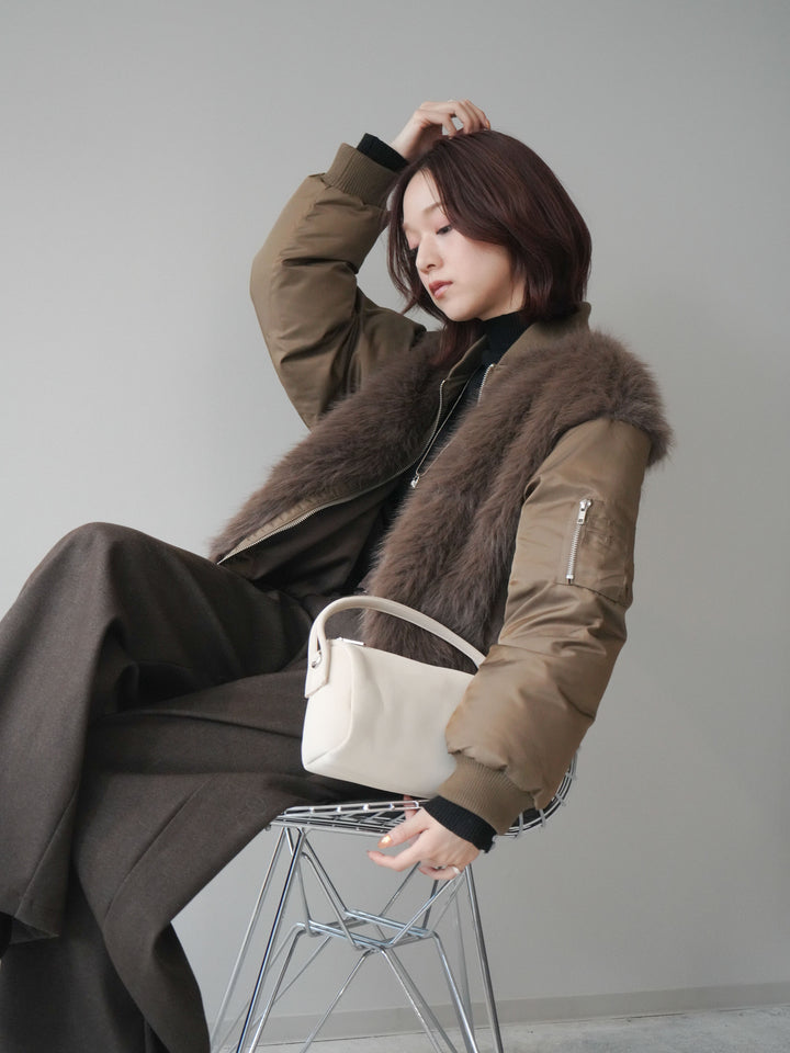 [SET]ファードッキングMA-1+袖ボタンボトルネックリブニットトップス+アニマル柄ベルト付きウールタッチワイドパンツ(3set)