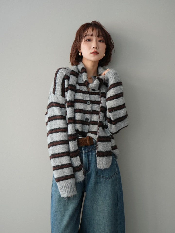 [SET]ボウタイ付きボーダーニットプルオーバー+ベルト付裏起毛カーブデニムパンツ(2set)