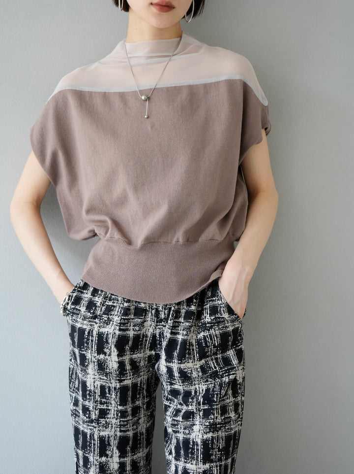 【SET】法式袖透視針織套頭衫+彩繪格紋寬褲（2套）