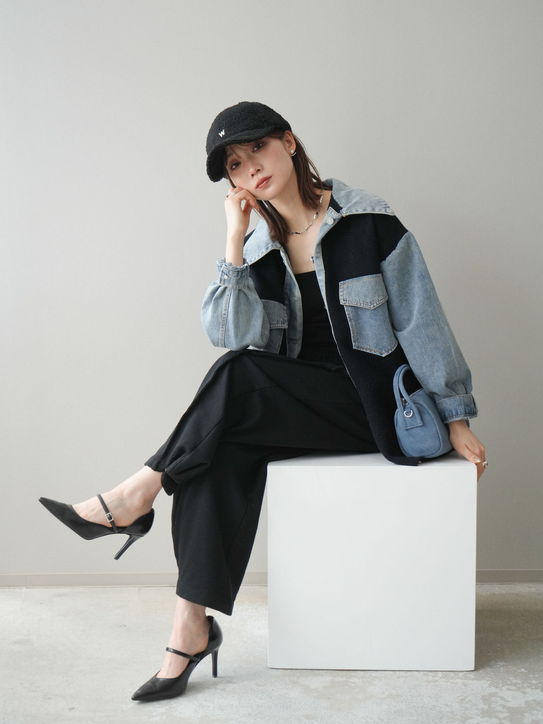 [予約]デニム襟ダブルフェイスニットカーディガン/black