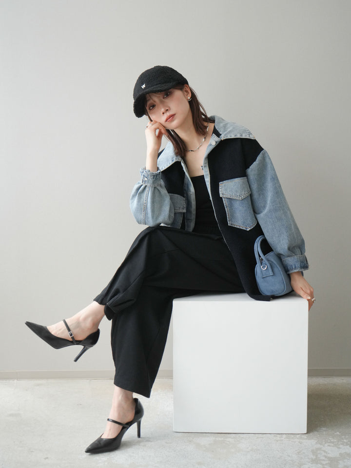 [予約]デニム襟ダブルフェイスニットカーディガン/black