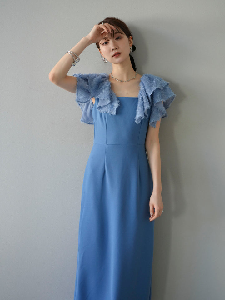 [予約]ジャガードフレアスリーブドレス/ブルー
