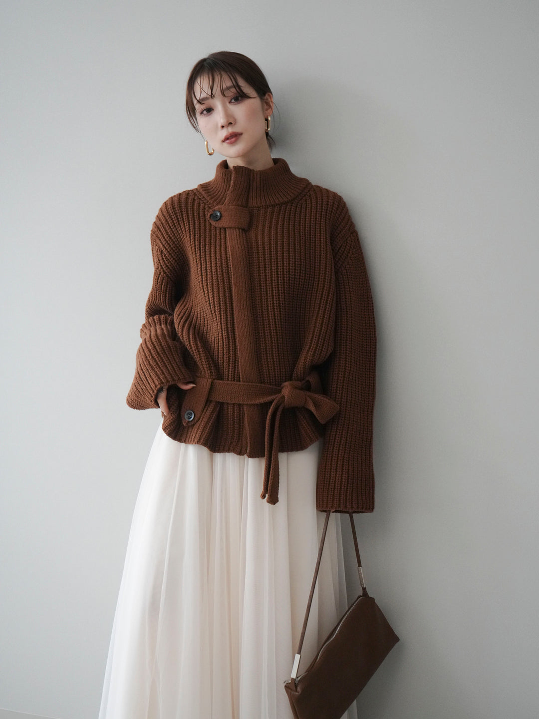 [予約]畦編みボトルネックZIPニットカーディガン/brown