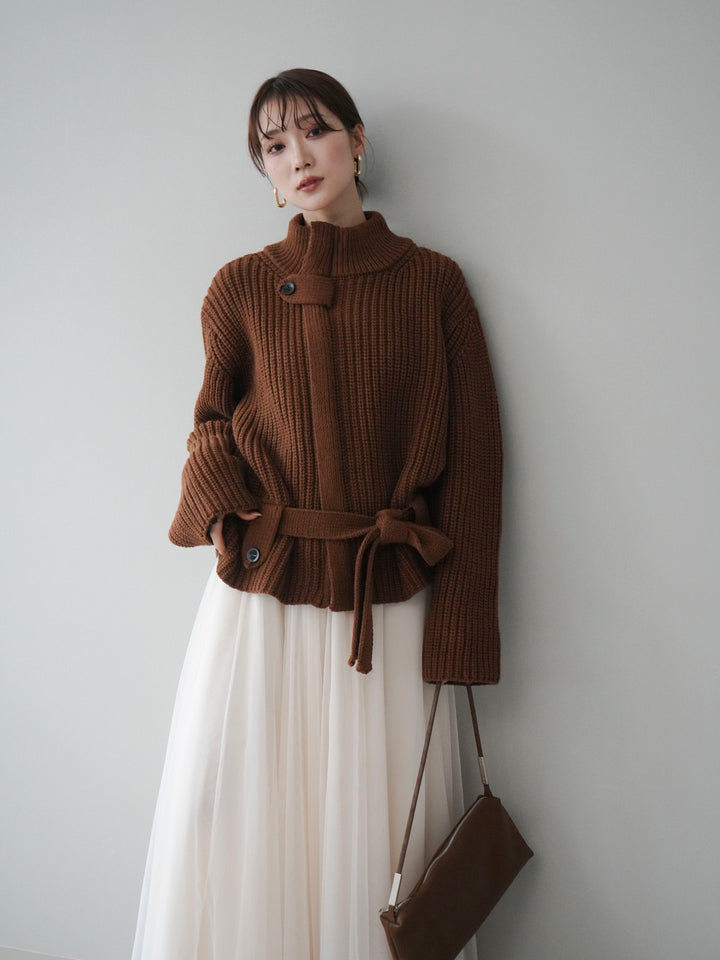 [予約]畦編みボトルネックZIPニットカーディガン/brown