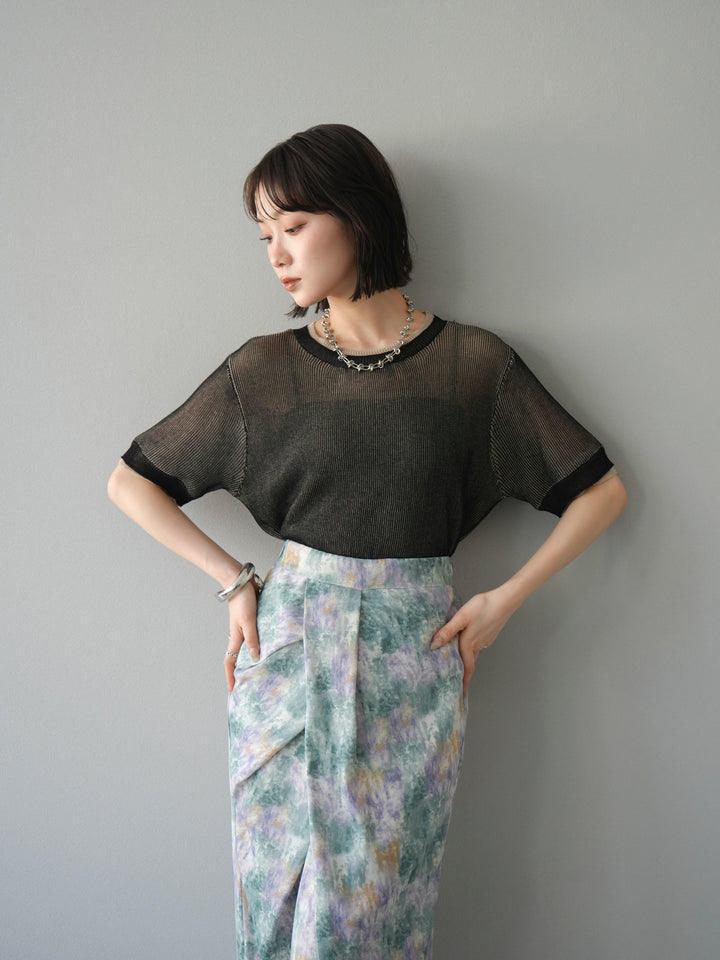 [SET]リネンタッチ配色二重臼ハーフニットトップス+選べるアソート柄スカートセット(2set)