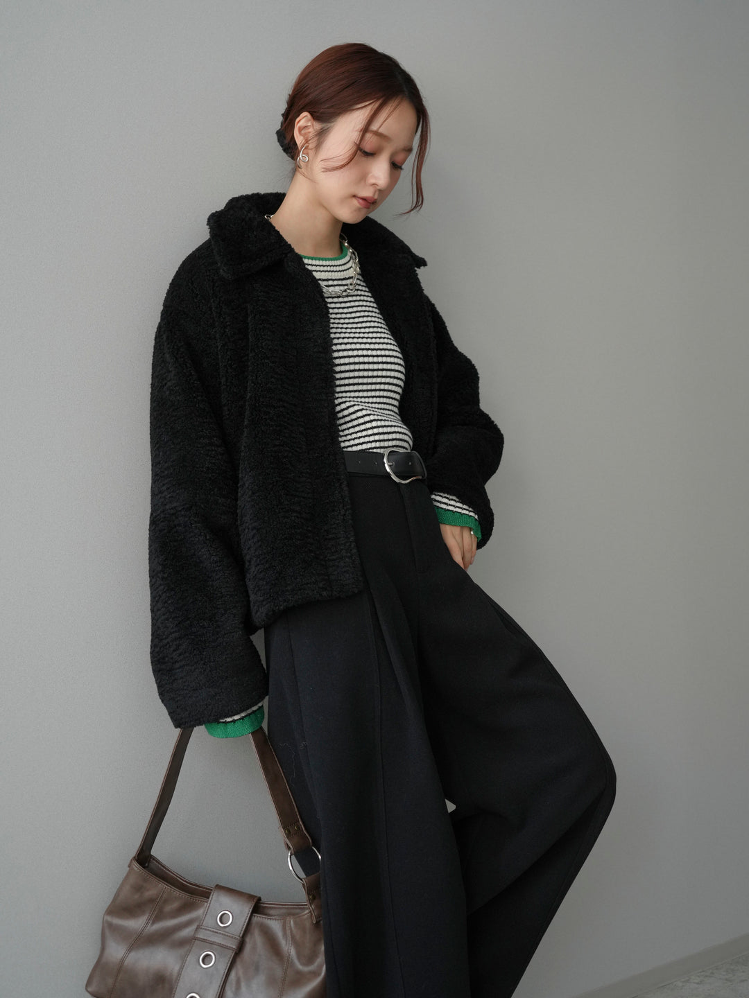 [SET]エコファーステンカラージャケット+ラメ異素材ボーダーリブニットプルオーバー+ベルト付起毛コクーンパンツ(3set)