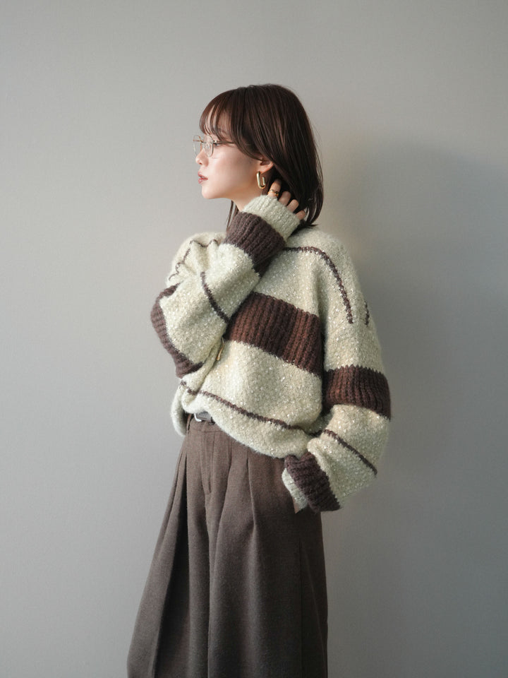 [SET]ネップヤーンボーダーニットプルオーバー+ウールタッチベルト付ワイドパンツ(2set)