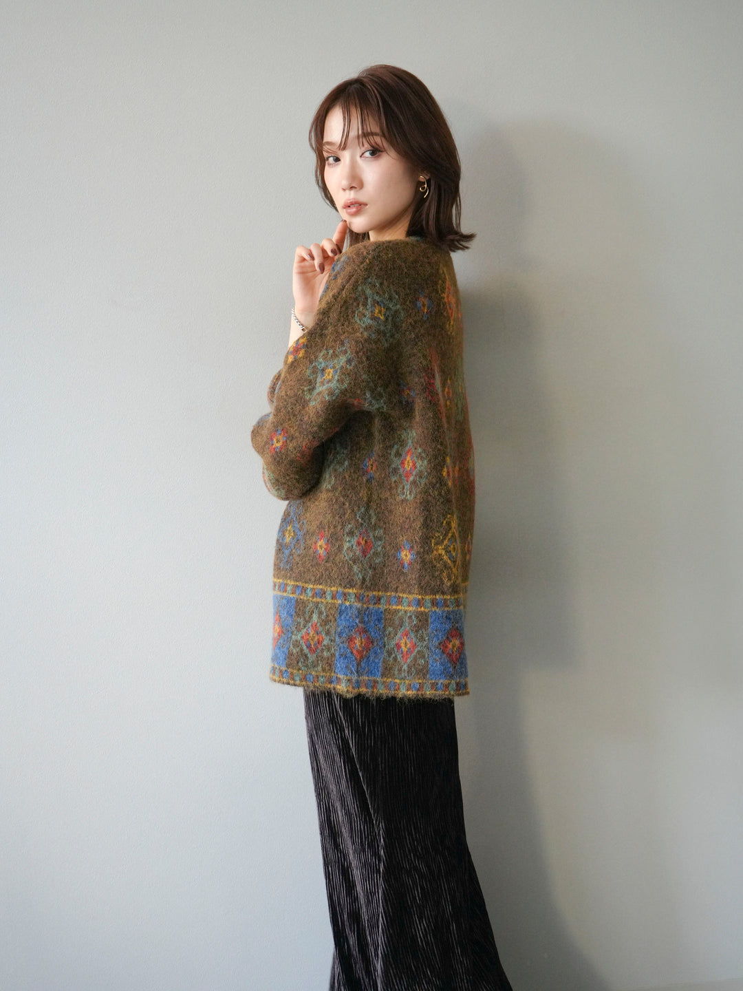 [予約]ヴィンテージ柄オーバーニットプルオーバー/ブラウン