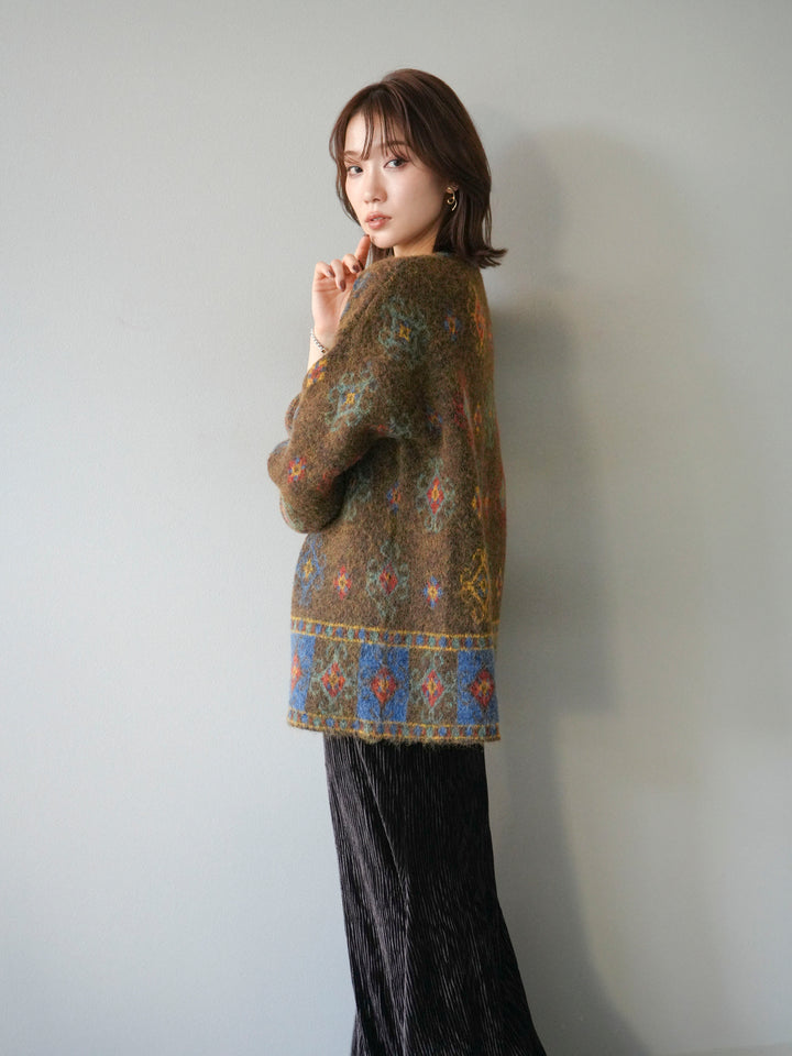 [予約]ヴィンテージ柄オーバーニットプルオーバー/ブラウン