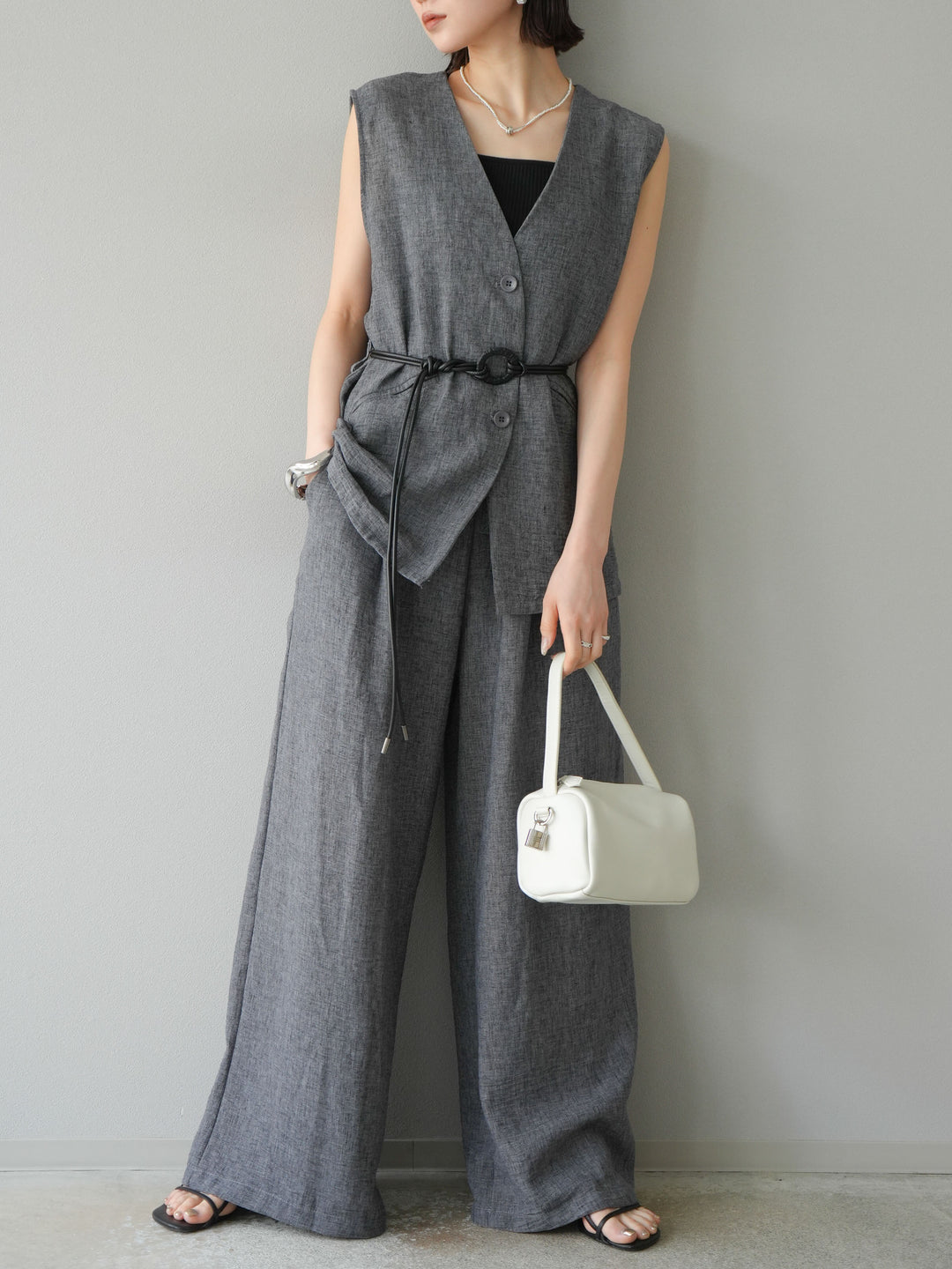 [SET]ベルト付リネンタッチベスト＆ワイドパンツSET UP(2set)