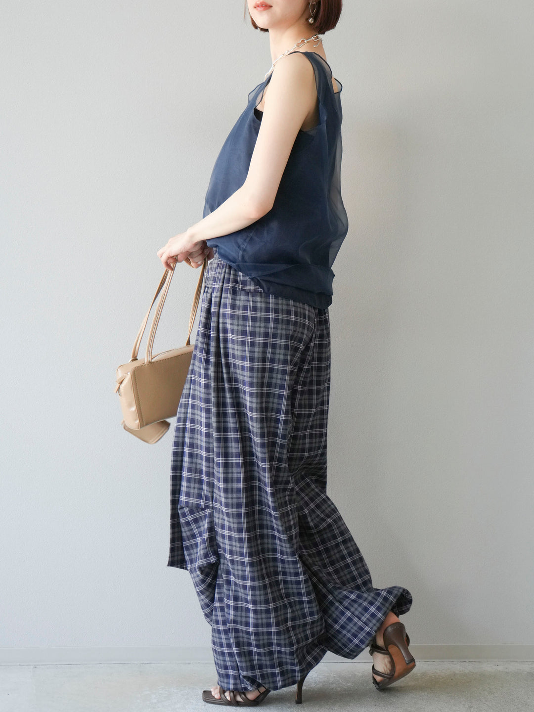 [予約]チェック柄ウエスト巻きドロストパンツ/ネイビー