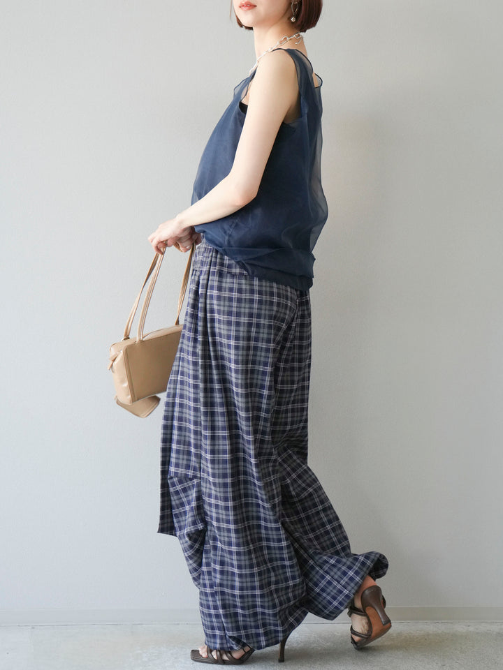 [予約]チェック柄ウエスト巻きドロストパンツ/ネイビー