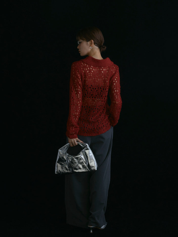 【Allure】[SET]ローゲージ透かし編みポロニッカーディガン+ラップデザインタックワイドパンツ(2set)