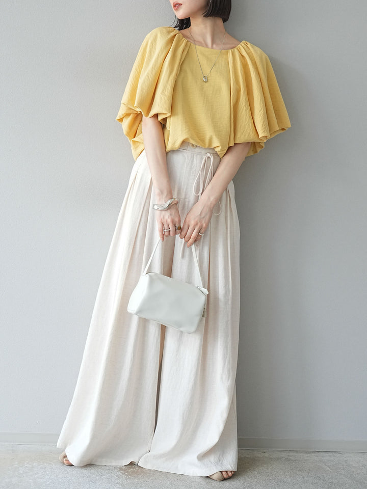 【預購】仿亞麻雙褶設計寬褲/象牙白