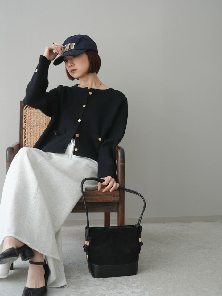 [SET]ゴールドボタンノーカラーニットジャケット+選べるアクセセット(2set)