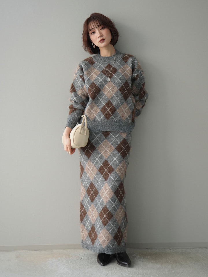 [SET]アーガイルニットプルオーバー&ロングスカートSET UP+選べるアクセセット(2set)