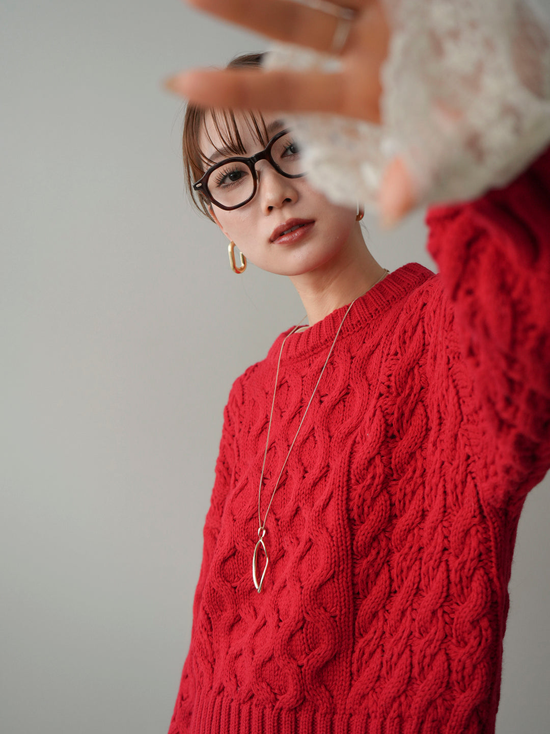 [SET]バルキーケーブルクロップドニットプルオーバー+チュールレーストップス(2set)