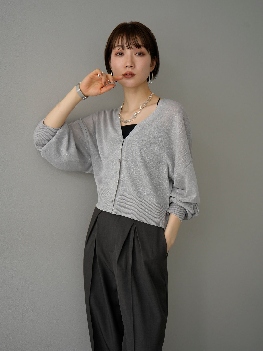 [SET] Lame sheer knit cardigan + double strap cut rib bra camisole + design tuck wide pants S (3 sets)