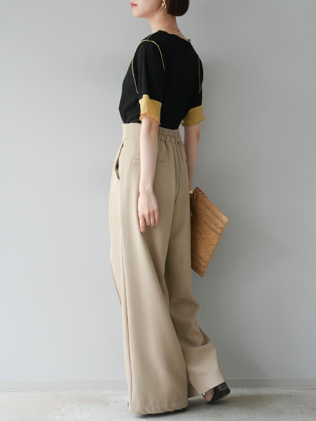 [SET] 百褶同色船領套頭衫 + 拉鍊褶襉寬褲 (2 套)