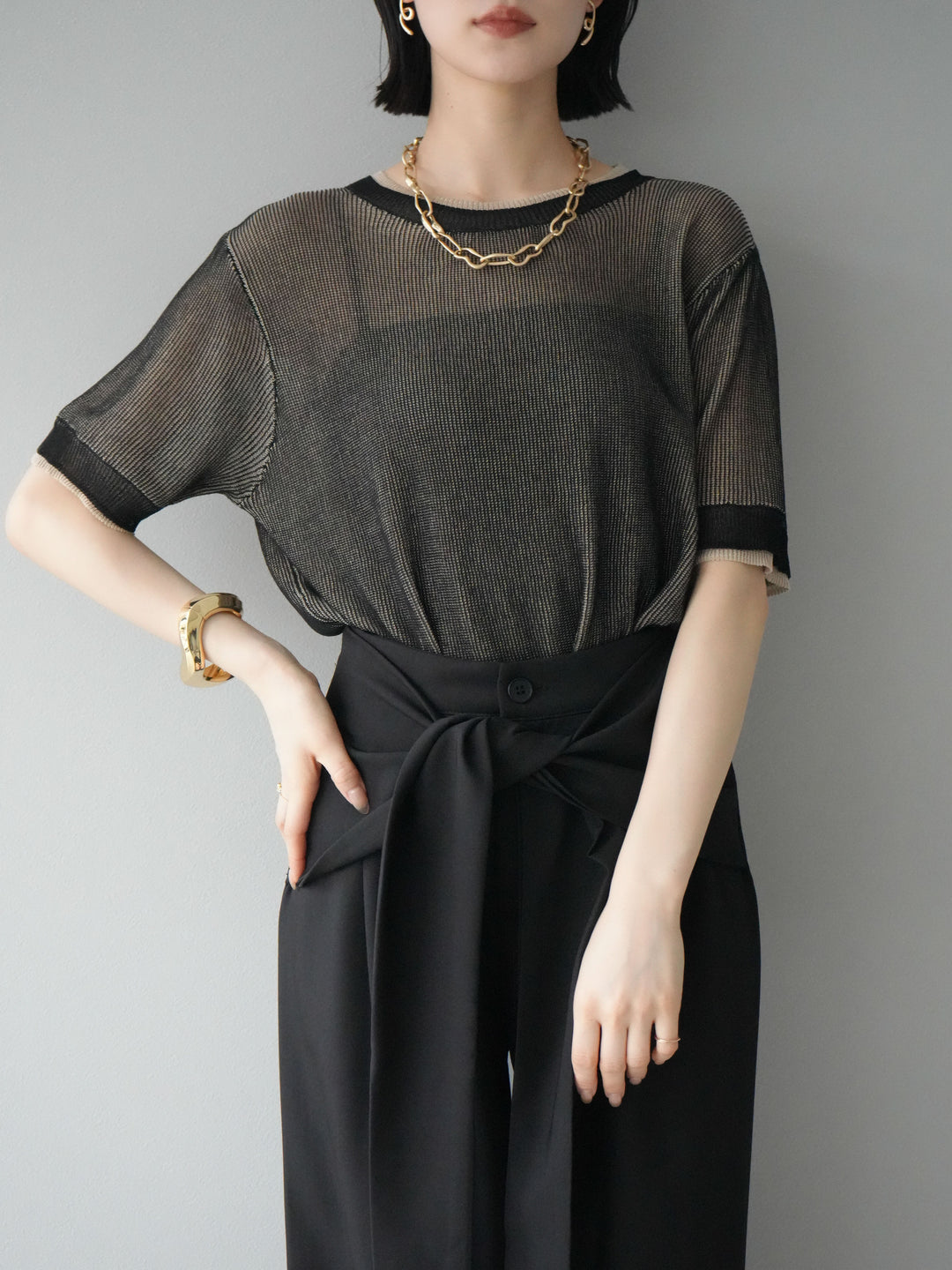 [SET]リネンタッチ配色二重臼ハーフニットトップス+ウエスト巻きデザインワイドパンツ(2set)